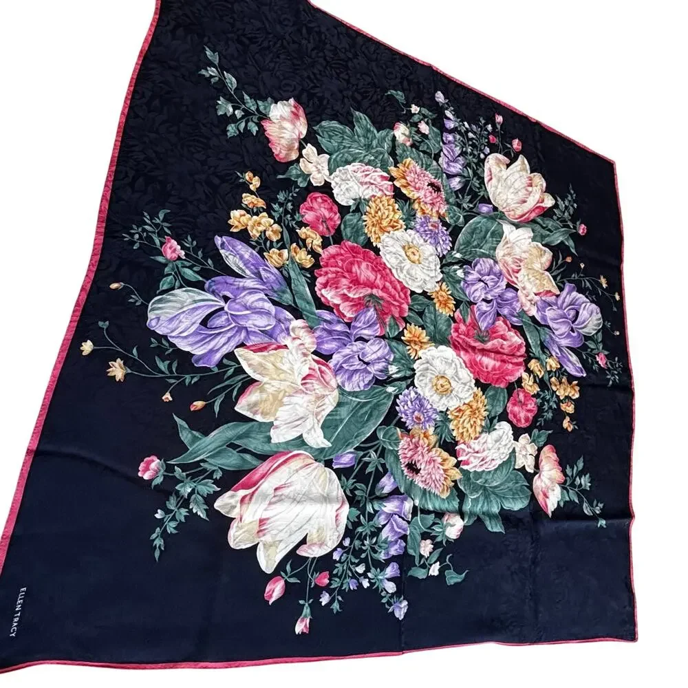 Vintage Ellen Tracy Silk brocade floral scarf blue pink green flowers square